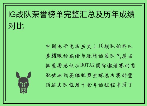 IG战队荣誉榜单完整汇总及历年成绩对比